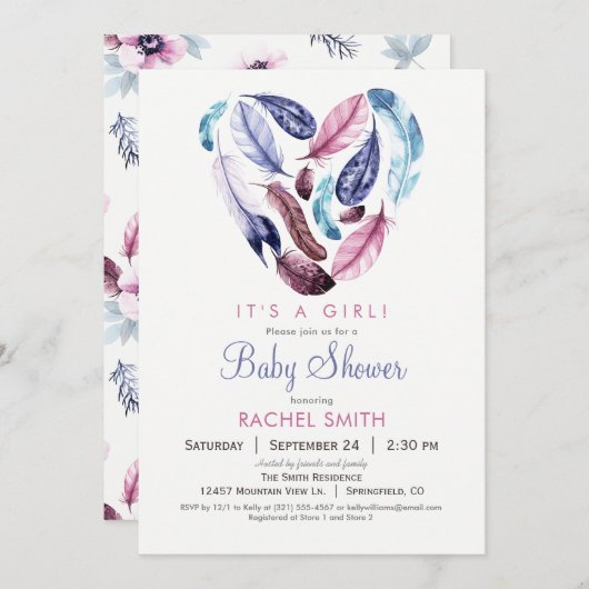 ピンクと紫の羽毛ベビーシャワー招待状 招待状 (正面/裏面)