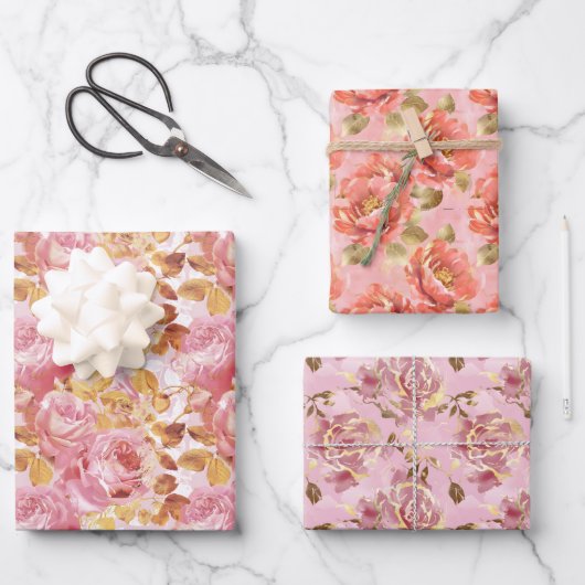 ピンクと紫の色合いの洗練されたフローラ ラッピングペーパーシート (正面)