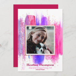 ピンクと紫の色彩の鮮やかグリッター輝く卒業 招待状