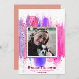ピンクと紫の色彩の鮮やかグリッター輝く卒業 招待状