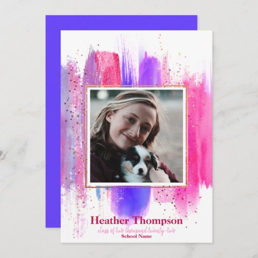 ピンクと紫の色彩の鮮やかグリッター輝く卒業 招待状 (正面/裏面)