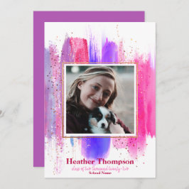 ピンクと紫の色彩の鮮やかグリッター輝く卒業 招待状