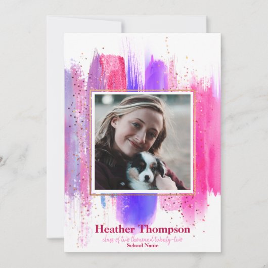 ピンクと紫の色彩の鮮やかグリッター輝く卒業 招待状 (正面)
