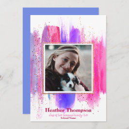 ピンクと紫の色彩の鮮やかグリッター輝く卒業 招待状