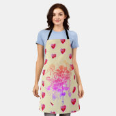 ピンクと紫の花とハート エプロン (着用した状態)