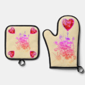 ピンクと紫の花とハート 鍋つかみ&鍋敷きセット (正面)