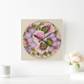 ピンクと紫の花とレディーバグ スクエア壁時計 (ホーム)