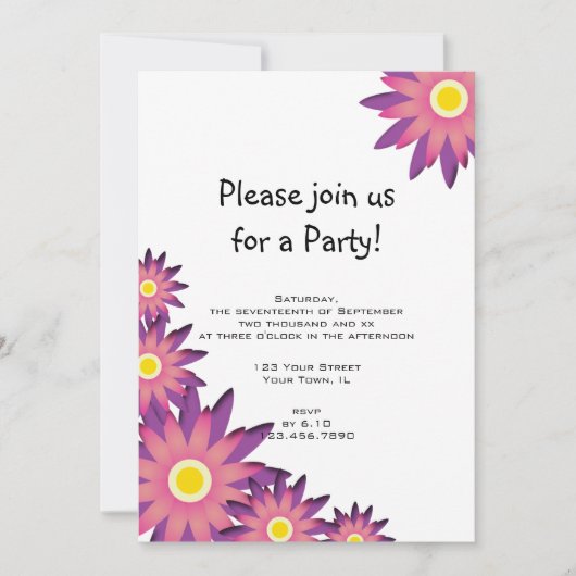 ピンクと紫の花のパーティの招待状 招待状 (正面)