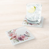 ピンクと紫の花のマグカップ敷き: "私のキッチン" ガラスコースター (アングル)