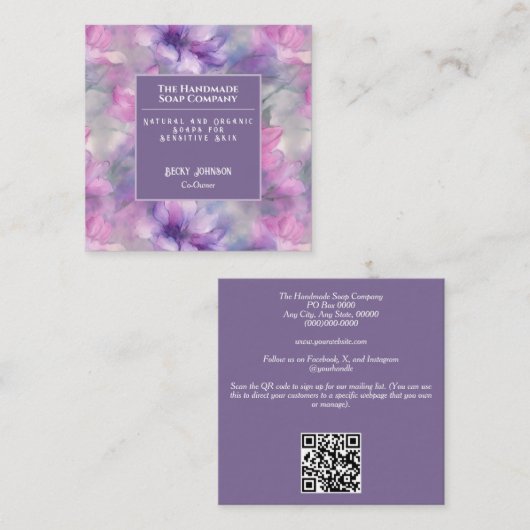 ピンクと紫の花の名刺 スクエア名刺 (正面/裏面)