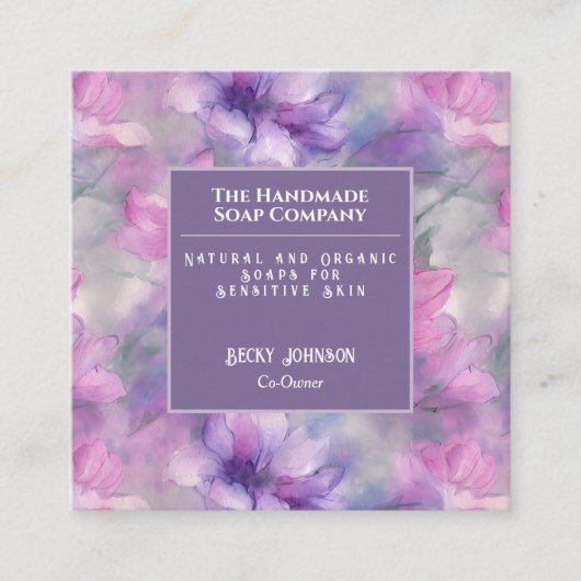 ピンクと紫の花の名刺 スクエア名刺 (正面)
