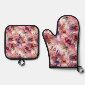 ピンクと紫の花アルコールインクイラストレーション 鍋つかみ&鍋敷きセット (正面)