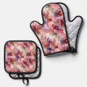 ピンクと紫の花アルコールインクイラストレーション 鍋つかみ&鍋敷きセット (正面/裏面)