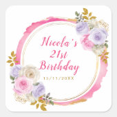 ピンクと紫の花エレガントの誕生日パーティー スクエアシール (正面)