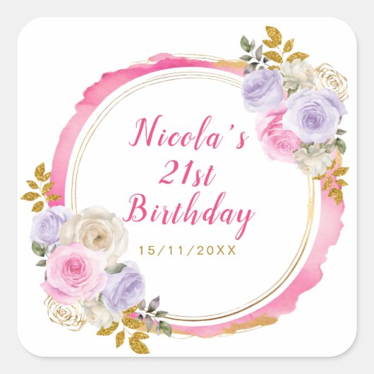 ピンクと紫の花エレガントの誕生日パーティー スクエアシール (正面)