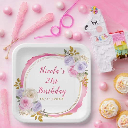 ピンクと紫の花エレガントの誕生日パーティー ペーパープレート (パーティー)