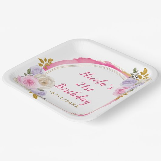 ピンクと紫の花エレガントの誕生日パーティー ペーパープレート (傾斜あり)