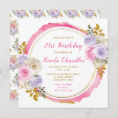 ピンクと紫の花エレガントの誕生日パーティー 招待状 (正面/裏面)