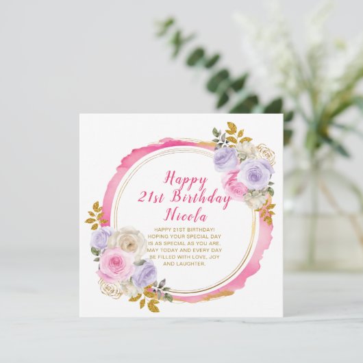 ピンクと紫の花エレガントの誕生日 カード (スタンド正面)