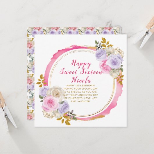 ピンクと紫の花エレガントのSweet sixteen カード (正面/裏面インサイチュ)