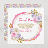 ピンクと紫の花エレガントのSweet sixteen サンキューカード (正面/裏面)