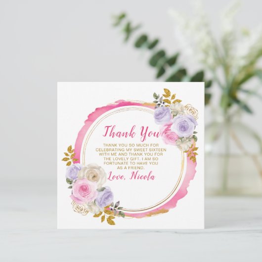 ピンクと紫の花エレガントのSweet sixteen サンキューカード (スタンド正面)