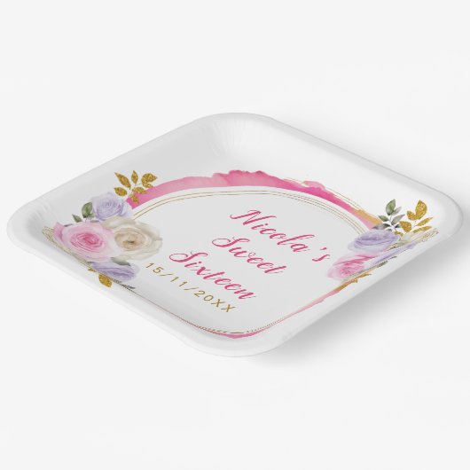 ピンクと紫の花エレガントのSweet sixteen ペーパープレート (傾斜あり)