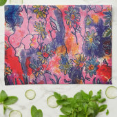 ピンクと紫の花ガーデンオリジナル水彩 キッチンタオル (折り畳み)