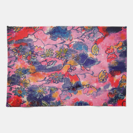 ピンクと紫の花ガーデンオリジナル水彩 キッチンタオル