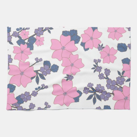 ピンクと紫の花柄 キッチンタオル (横)