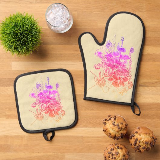 ピンクと紫の花 鍋つかみ&鍋敷きセット (トップダウン)