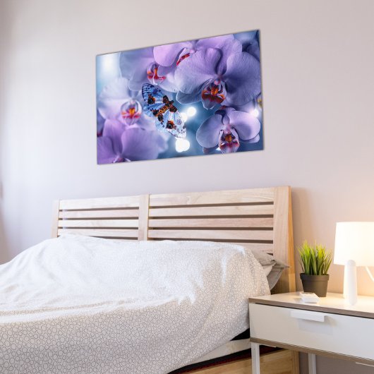 ピンクと紫の蘭の花を訪れる蝶 ポスター