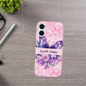 ピンクと紫の蝶と花 iPhone 16ケース