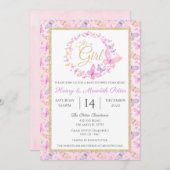 ピンクと紫の蝶の女の子ベビーシャワー 招待状 (正面/裏面)