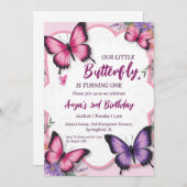 ピンクと紫の蝶の誕生日招待状 招待状 (正面/裏面)