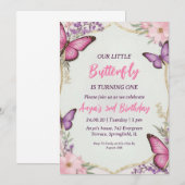 ピンクと紫の蝶の誕生日招待状 招待状 (正面/裏面)