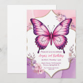 ピンクと紫の蝶の誕生日招待状 招待状 (正面/裏面)