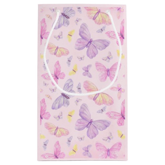 ピンクと紫の蝶の赤ちゃんシャワー スモールペーパーバッグ (裏面)
