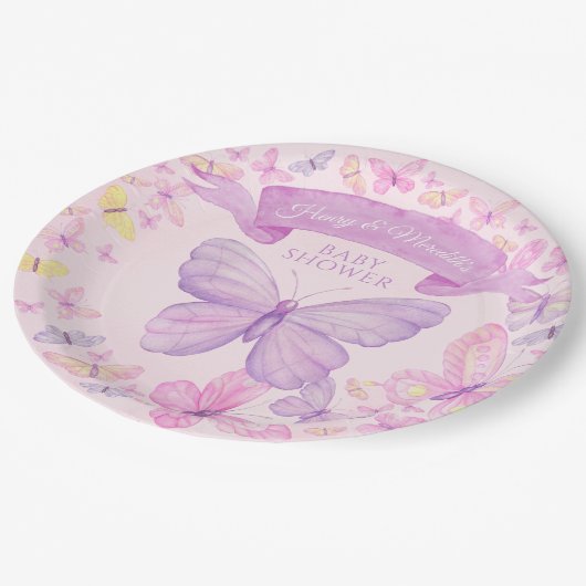ピンクと紫の蝶の赤カスタムちゃんシャワー ペーパープレート (アングル)