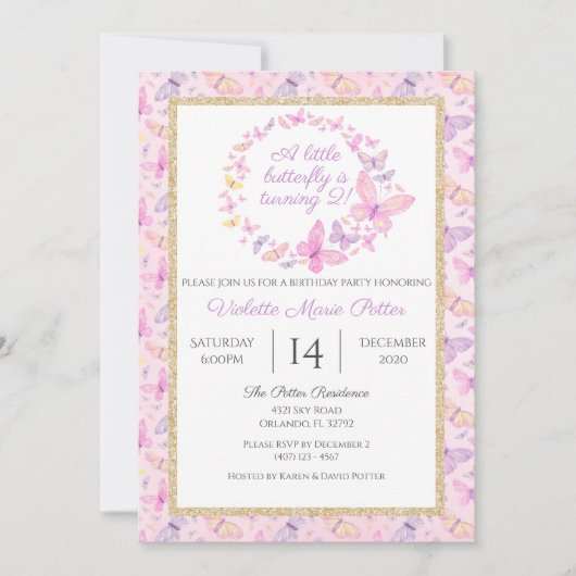 ピンクと紫の蝶ガールズバースデーパーティー 招待状 (正面)
