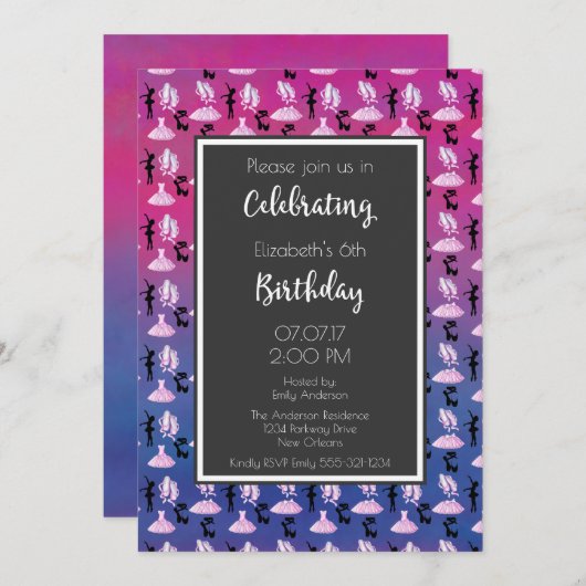 ピンクと紫の誕生日パーティーのバレエパターン 招待状 (正面/裏面)
