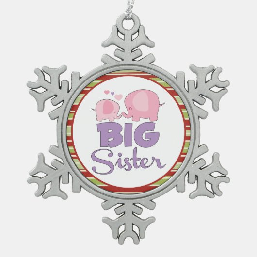 ピンクと紫の象の大きな姉妹クリスマス スノーフレークピューターオーナメント (正面)