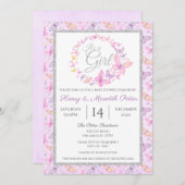 ピンクと紫の銀蝶の赤ちゃんシャワー 招待状 (正面/裏面)