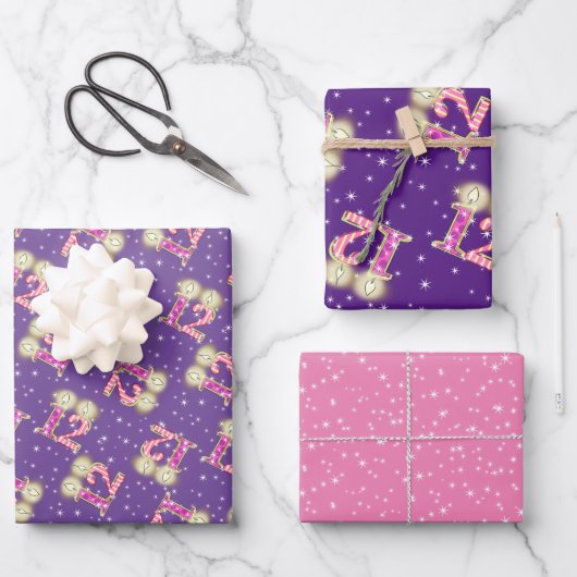 ピンクと紫の12番目の誕生日包装紙  ラッピングペーパーシート (正面)