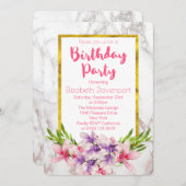 ピンクと紫マグノリアスの大理石誕生日 招待状 (正面/裏面)