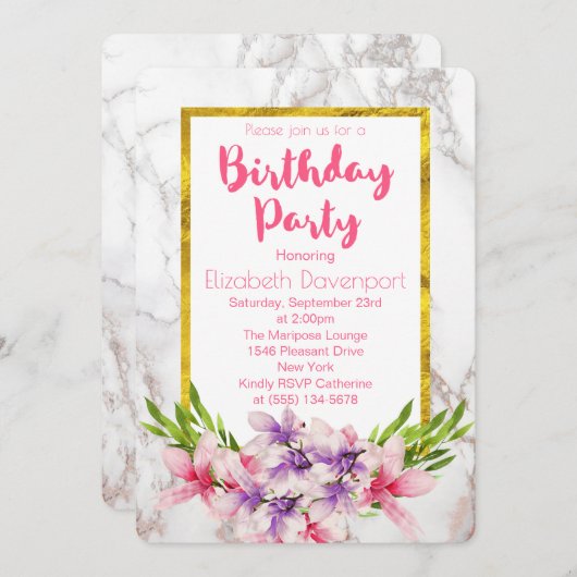 ピンクと紫マグノリアスの大理石誕生日 招待状 (正面/裏面)