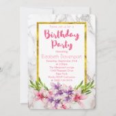 ピンクと紫マグノリアスの大理石誕生日 招待状 (正面)