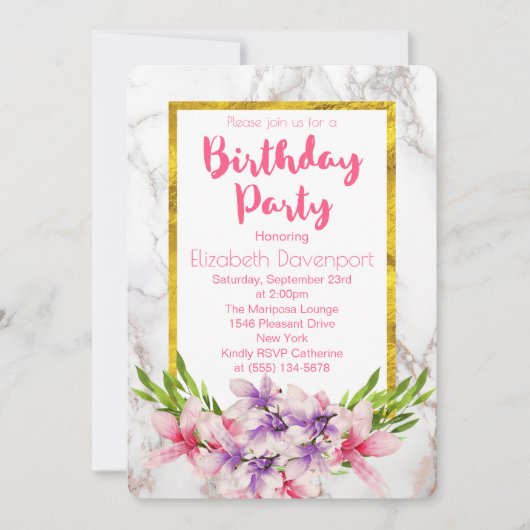 ピンクと紫マグノリアスの大理石誕生日 招待状 (正面)