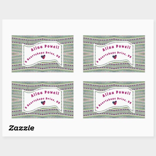 ピンクと緑のかわいらしハートのパターンアドレス 長方形シール (シート)