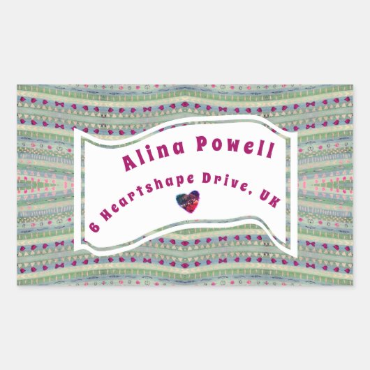 ピンクと緑のかわいらしハートのパターンアドレス 長方形シール (正面)